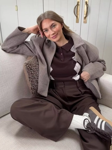 Women Short Woolen Jacket Polyester Lapel Zipper Long Sleeve Solid Color Casual Streetwear Outerwear Fashion