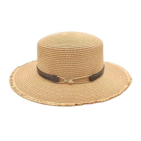 Chapeau De Paille Boater Pour Femmes Toit Plat Large Bord Protection Solaire Respirant Avec Franges Bande En Cuir Plage