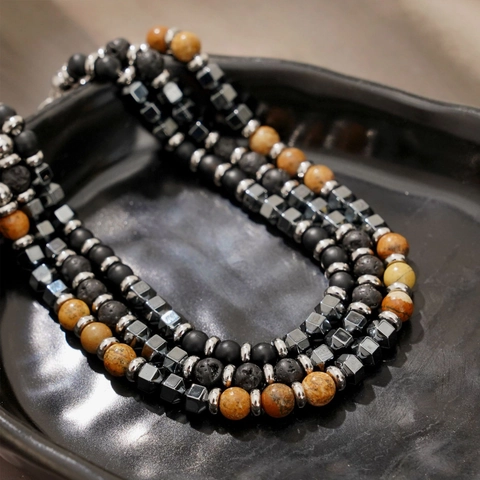 Men Beaded Bracelet Natural Picture Jasper Lava Stone Agate Hematite Stainless Steel Adjustable Minimalist Retro Jewelry