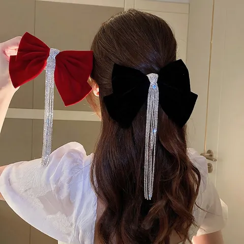 Große Samt Schleife Haarklammer Mit Langen Straß Quasten Elegante Vintage Haarspange Für Frauen