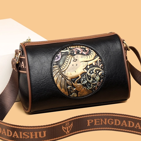 Vintage Elephant Embossed Round Barrel Crossbody Bag PU Leather Wide Woven Strap Shoulder Bag For Women