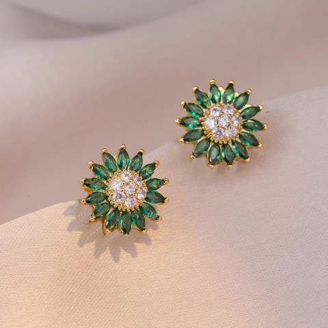 Sunflower Stud Earrings Copper With Green Marquise Zircon And White Zircon Gold Plated Fashion Jewelry For Women