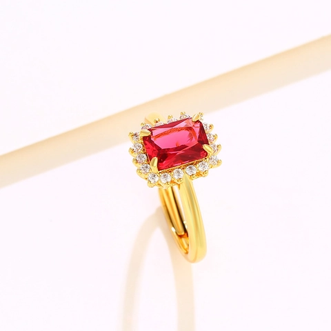 Anillo Abierto Lujoso de Aleación con Gema Artificial de Talla Esmeralda para Mujer Halo de Strass Ajustable Chapado en Oro