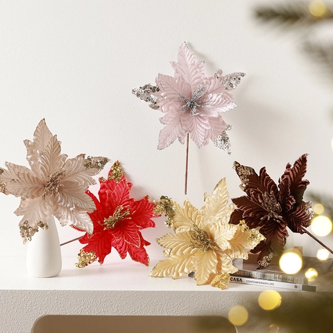 Artificial Christmas Poinsettia Flowers Shiny Glitter Sequin Fabric Cloth Handmade Ornament Tree Decoration Holiday Home Party