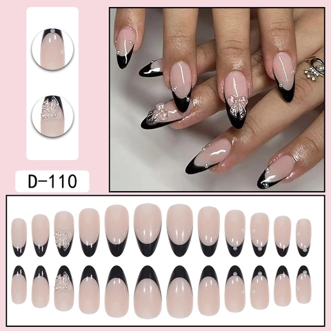 Uñas Postizas Forma Almendra Francesas Puntas Negras Con Lazo 3D Perla Artificial Diamantes Imitación Rosa Nude Uñas Artificiales