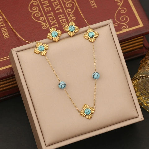 Vintage Floral Jewelry Stainless Steel Necklace Earrings And Bracelet With Turquoise Stone Gold Plated Retro Style For Women