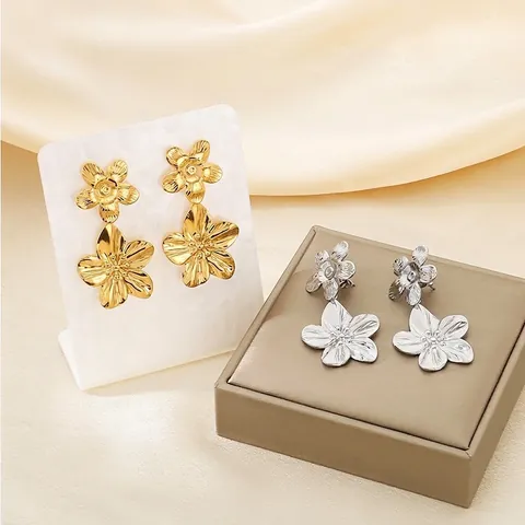 Pendientes De Gota Con Pétalos De Flores Acero Inoxidable Texturizado Elegante Chapado En Oro De 18K Joyería Para Mujer