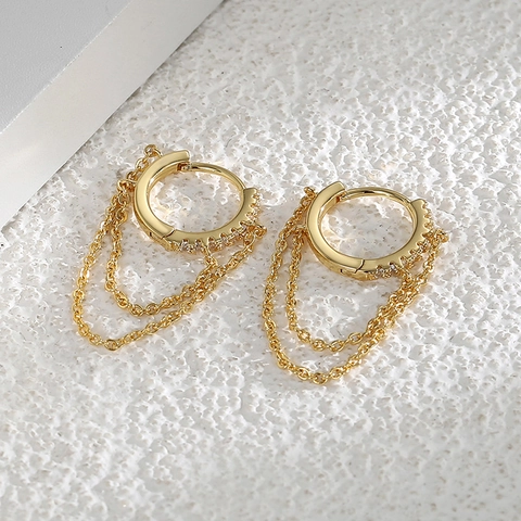 Creolen Mit Zirkonia Und Quastenkette Anhänger 18K Vergoldetes Kupfer Elegante Hängeohrringe Schmuck Für Damen