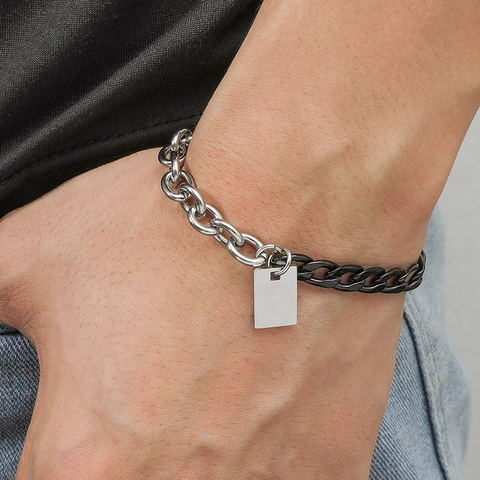 Two-Tone Chain Bracelet Stainless Steel Bicolor Splicing Link With Square Tag Punk Hip Hop Jewelry For Men Women