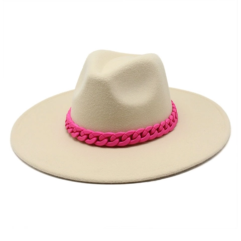Fedora Hut Wollfilz Breite Krempe Dicke Rosa Plastikkette Dekoration Vintage Mode Jazz Kappe Für Damen Herren