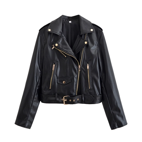 Women Casual PU Synthetic Leather Biker Jacket Lapel Long Sleeve Zip Decoration Loose Short Motorcycle Coat With Belt Outwear