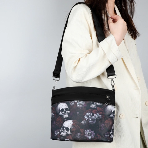 Borsa a Tracolla Donna Stampa Teschio Floreale Gotico Tessuto Oxford Impermeabile Tasche Multiple Borsa Crossbody Streetwear Punk Piccola