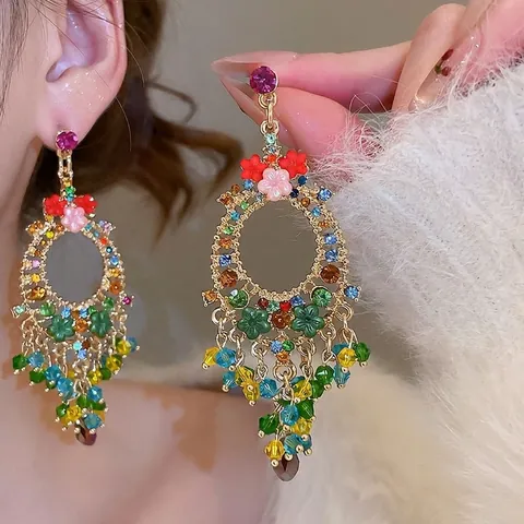 Bohemian Colorful Crystal Chandelier Tassel Earrings With Flower Design And 925 Sterling Silver Earring Post Women Jewelry
