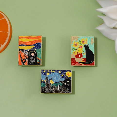 Alloy Enamel Brooch Pin Famous Painting Black Cat Starry Night Sunflowers The Scream Cartoon Art Badge For Clothing