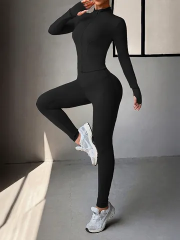 Damen Yoga Jacke Und Leggings Langarm Reißverschluss Oberteil Hohe Taille Hose Polyamid Elasthan Sportlich Gym Workout