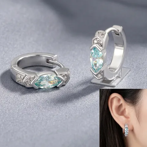 Orecchini Huggie Con Zircone Blu Chiaro Taglio Marquise Rame Inlay Gioielli Geometrici Silver Earring Post Donna