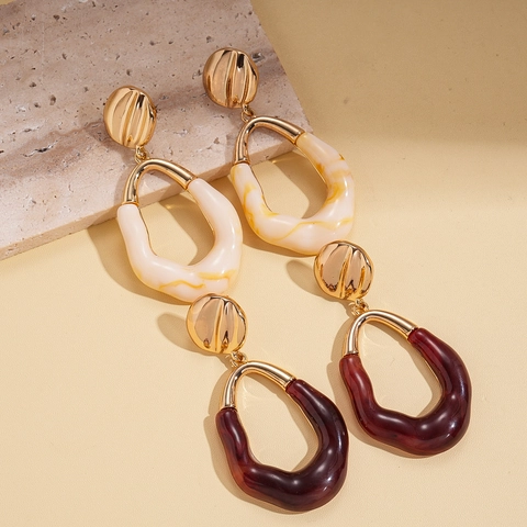 Geometric Oval Resin Drop Earrings With Silver Earring Post Retro Alloy Pleated Marble Pattern Jewelry For Women