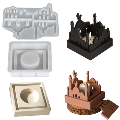 Mosque Castle Architecture Candle Holder Silicone Mold DIY Plaster Resin Craft House Silhouette Ramadan Decor