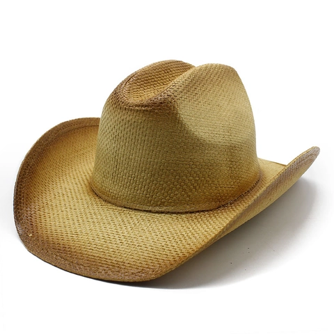 Western Cowboy Straw Hat Woven Wide Roll Brim Sun Protection Gradient Retro Outdoor Beach Travel Unisex