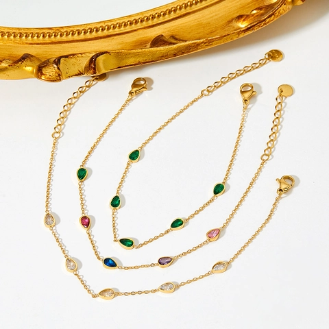 Bracelet De Cheville Élégant Zircon Taille Poire Acier Inoxydable Plaqué Or 14K Bijoux De Pied Pierre Larme Réglable