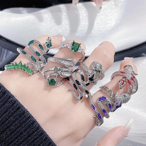 Snake Shaped Copper Rings Inlaid Colorful Zircon Open Adjustable Jewelry Retro Gothic Animal Style For Women