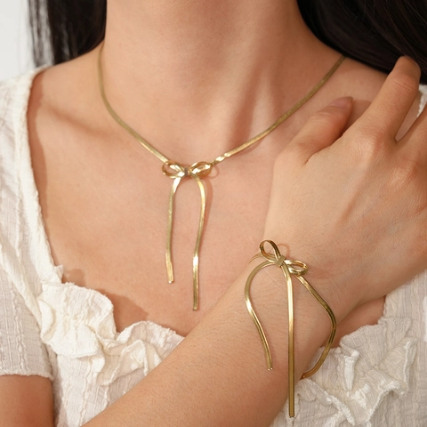 Collana Con Pendente A Fiocco Bracciale Gioielli Acciaio Al Titanio Catena A Serpente Piatta Minimalista Elegante Per Donna