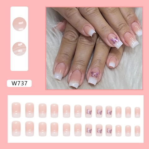 Press On Nails French Gradient Purple Butterfly Square Shape Artificial False Finger Nails Sweet Elegant Ins Style For Women