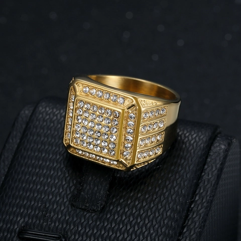 Quadratischer Iced Out Ring Für Männer Edelstahl Zirkonia Hip Hop Luxus Punk Schmuck Gold Silber Ton