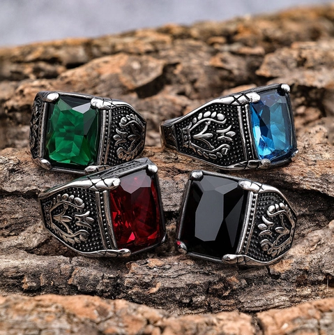 Anillo De Sello Para Hombre Vintage Acero Inoxidable Piedra Preciosa Rectangular Facetada Relieve Tallado Gótico Punk