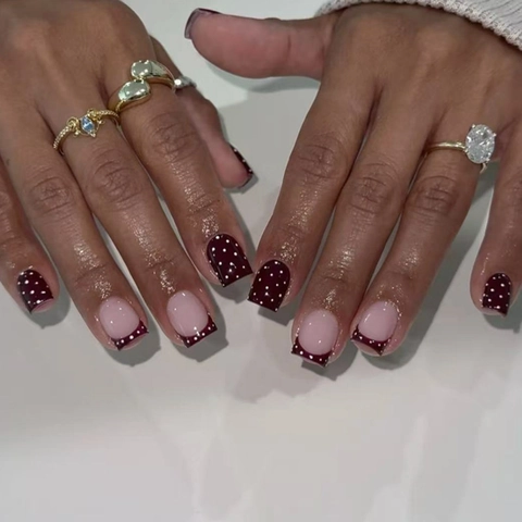 Wine Red Press On Nails White Polka Dot French Tip Short Square Artificial Fake Nails For Women Glossy