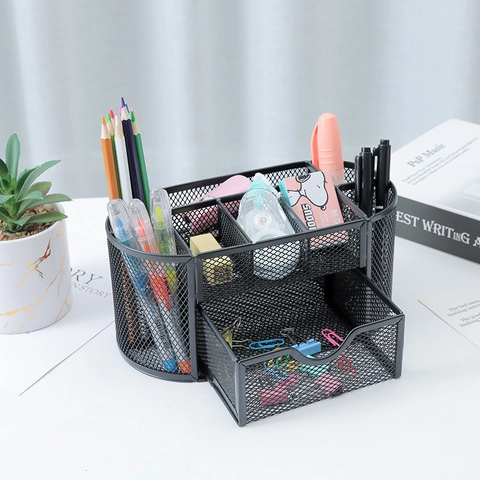 Metal Mesh Desk Organizer Multi Compartment Pen Holder With Sliding Drawer Desktop Stationery Storage Office Supplies