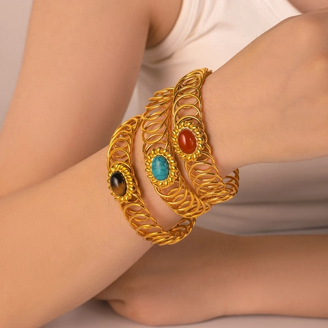 Bracciale Rigido In Acciaio Inossidabile Placcato Oro 18K Spirale Cavo Aperto Regolabile Pietra Naturale Gioielli Vintage Donna