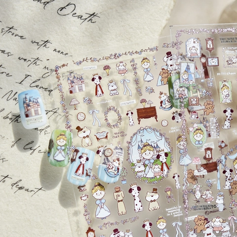 Autocollants Ongles Dessin Animé Chien Conte Fée Princesse Château Vintage Mince Flexible PET Auto-Adhésif Décoration Manucure