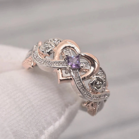 Anillo De Cobre Bicolor Circonita Morada Corte Princesa Forma De Corazón Talla De Rosa Joyería Romántica Elegante