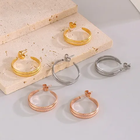 Pendientes De Aro En Forma De C De Acero Inoxidable En Capas Con Textura Patrón De Trigo Estilo Francés Vintage Joyería Para Mujeres