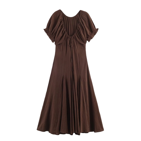 Midi Kleid Plissee Stoff V-Ausschnitt Kurze Puffärmel Schnürung Hohe Taille A-Linie Urlaub Vintage Für Damen