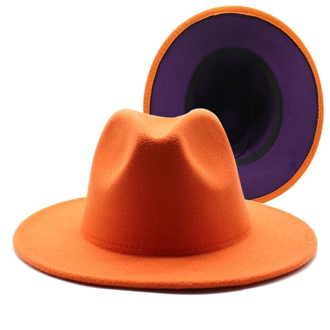 Retro Zweifarbiger Fedora Hut Baumwolle Polyester Filz Breite Flache Krempe Jazz Kappe Vintage Britischer Stil