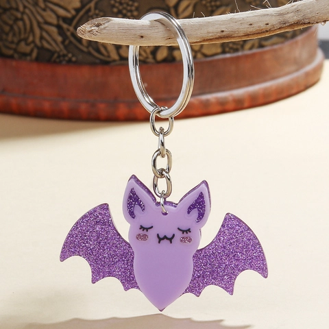 Schattige Cartoon Vleermuis Sleutelhanger Acryl Glitter Paars Zwart Hanger Sleutelring Voor Halloween Feest Vrouwen Meisjes Sieraden Cadeau