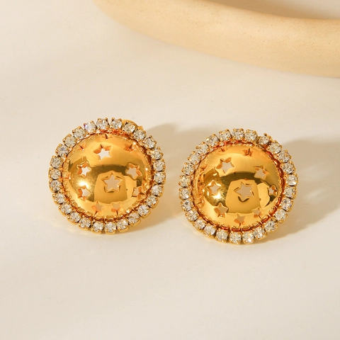 Pendientes De Acero Inoxidable Chapado En Oro De 18K Redondo Estrella Hueca Diamante De Imitación Joyería Minimalista