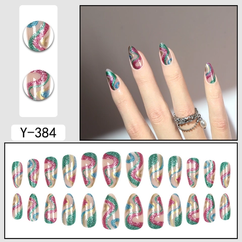 Uñas Postizas De Navidad Press On Forma De Almendra Larga Uñas Artificiales Brillo Colorido Diseño De Ondas Brillantes Para Mujeres