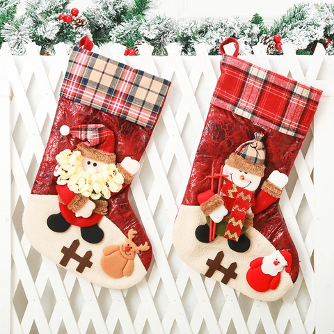 Large Christmas Stocking Gift Bag With Santa Claus Snowman Reindeer 3D Doll Plaid Design For Home Holiday Party Decor