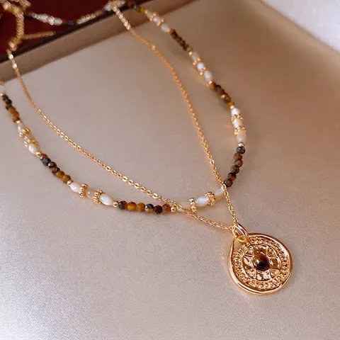 Vintage Layered Necklace Gold Plated Copper Compass Pendant Synthetic Tigers Eye Beaded Necklace For Women French Style