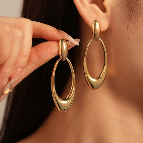 Vintage Hollow Oval Drop Earrings Alloy With Silver Earring Post Geometric Minimalist For Women
