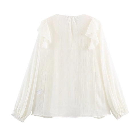 Women Ruffle Chiffon Blouse Long Sleeve Pleated Layered French Style Elegant Solid Color White Shirt Office Top