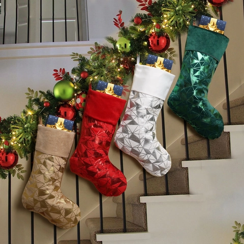 Grote Kerstsokken Polyester Metaalachtig Geometrisch Patroon Fluwelen Manchet Open Haard Hangende Vakantie Decoratie