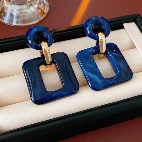 Blue Marble Texture Acrylic Square Drop Earrings With Silver Earring Post Geometric Hollow Vintage Fashion For Women