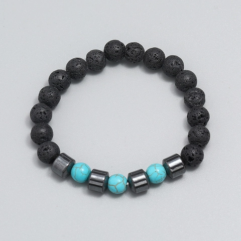 Men Beaded Bracelet Natural Black Lava Stone And Synthetic Turquoise With Hematite Spacers Retro Elastic Yoga Jewelry