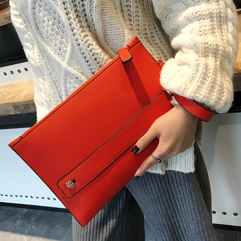 Pochette A Busta Donna Pelle PU Trama Litchi Cinturino Da Polso Cerniera Borsa A Mano Moda Elegante