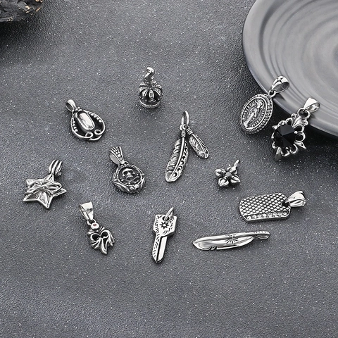 Ciondolo In Acciaio Inossidabile Punk Vintage Croce Piuma Teschio Stella Corona Zircone Gioielli Gotici Uomo Donna