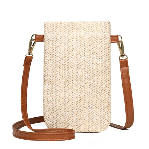 Women Straw Woven Phone Crossbody Bag Summer Beach Small Shoulder Pouch With PU Leather Strap Vertical Purse